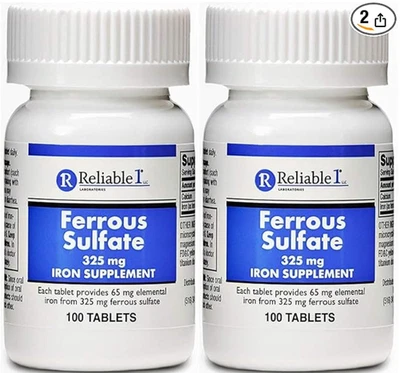 Suplemento de hierro de sulfato ferroso 325 mg (paquete de 2) | Píldoras de hierro | | 200 comprimidos de hierro Foto 1 de 3