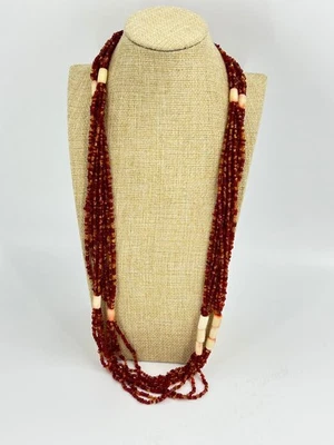Collar de cuentas ámbar rojo de varias hebras cuentas con acento de marfil cuentas de semillas de vidrio de 60 pulgadas Foto 1 de 4