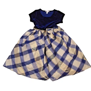 Tahari Girls 5 Blue Velvet Gold Plaid Skirt Crinoline Dress Holiday Christmas - Picture 1 of 12