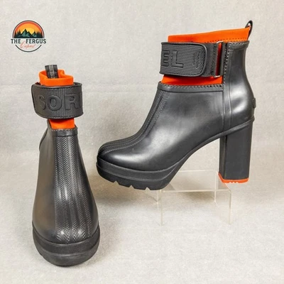 Bota de lluvia Sorel Medina III plataforma negra tacón alto grueso para mujer talla 9 Foto 1 de 4