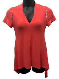 Chaus New York Women's V-Neck Zip Shoulders Handkerchief Hem Blouse Orange Mediu - Picture 1 of 6