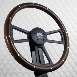 (T04)18" Black Steering Wheel Big Rig Dark Mahogany Wood KEN W900 & PETE 320-389 - Picture 1 of 12