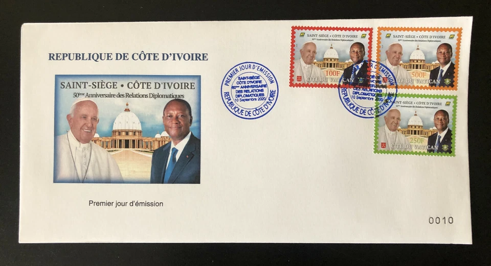 2020 Joint Issue Vatican Ivory Coast Côte d'Ivoire 50 years Pope FDC Cover - Image 1 of 1