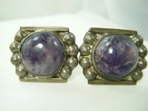  VINTAGE  MEXICAN STERLING  AMETHYST QUARTZ EARRINGS-PATINA INTACT - Picture 1 of 8