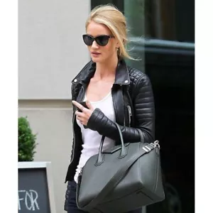 Rosie Huntington Whiteley Black Leather Motorcycle Biker Jacket For Women - Picture 1 of 4