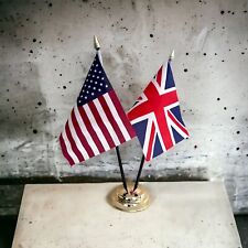 USA AND UNION JACK friendship table flag set with flags and golden base UK