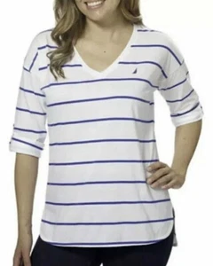 Nautica Ladies' V-Neck Roll Tab Tee Bright White - Imagen 1 de 2