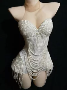 White Pearls Tasseled Bodysuits Sexy Women's Party Clubwear Performer Outfit - Picture 1 of 10