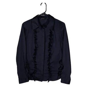 Zara Button Up Shirt Navy Blue Ruffle Pleated Stretch Blouse Top Small Work Chic - Picture 1 of 9