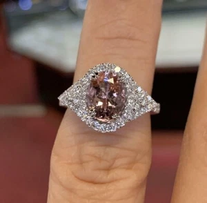 2Ct Oval Lab Created Morganite Halo Engagement Ring 14K White Gold Plated - Picture 1 of 5