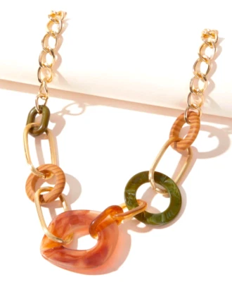 UNIQUE Organic Brown Green Marble Resin Lucite Wood Rings Gold Chain Necklace - Image 1 of 4