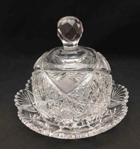 American Brilliant Large Hobstar & Cane Domed Butter Dish - Antique Cut Glass - Picture 1 of 6