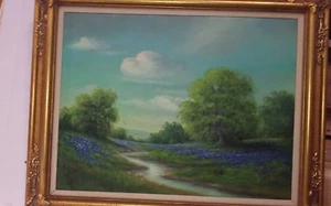 bluebonnets creek oil on canvas painting antique - Picture 1 of 5