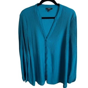 Alfani Women's Top Blouse Size 20W Aqua Blue Ribbed V-Neck Long Sleeves - Picture 1 of 6