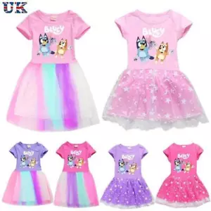 Girls Bingo Bluey Print Dress Skirt Birthday Party Cosplay Fancy Dress 3-10Y UK - Picture 1 of 16