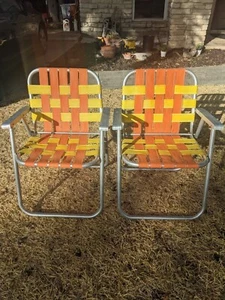 Set of 2 Vintage Aluminum Webbed Folding Lawn Chairs Orange Yellow - Picture 1 of 8