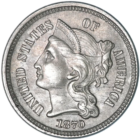 1870 (P) Three Cent Nickel Brilliant Uncirculated BU See Pics V127 Cover