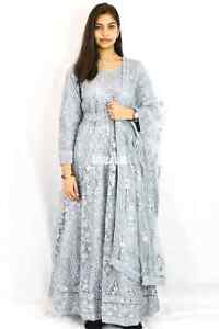 Readymade dress Asian Wedding designer Gown embroidered Net Maxi Blue 3pc outfit