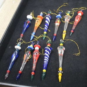 Handblown Glass small long ornaments set of 11 multicolors - Picture 1 of 10