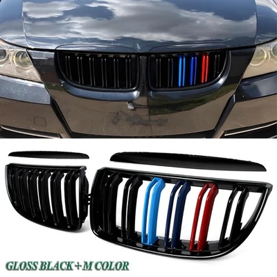 Gloss Black M-Color Front Kidney Grille For BMW E90 E91 323i 328i 335i 2005-2008 - Image 1 of 4