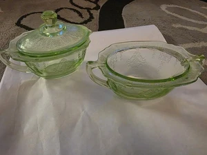 Vintage Green Vaseline Glass Baroque Ornate Sugar Bowl with Lid and Creamer Set - Picture 1 of 9