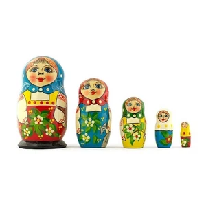 Set of 5 Folk Girls Wooden Nesting Dolls 5.5 Inches - Picture 1 of 3
