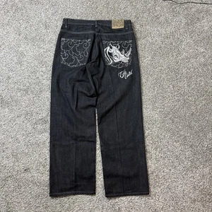 VTG Ecko Unltd Grail Rhino Embroidered Jeans 34 Mens Black Y2K Skate Rare - Picture 1 of 7