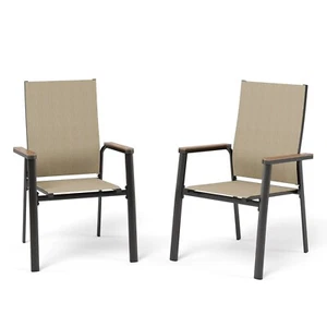 Outdoor Dining Chairs Set of 2 Patio Chairs Aluminum Stackable Armchairs Beige - Picture 1 of 8