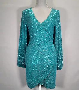 Fashion Nova Evening Sequin Long Sleeve Bodycon Mini Dress V Neck open back sz M - Picture 1 of 21