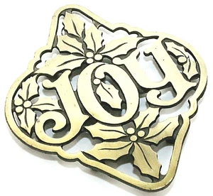 Solid Brass Trivet Joy Christmas Holiday Footed Holly 8.25" Vintage Heavy Footed - Picture 1 of 5