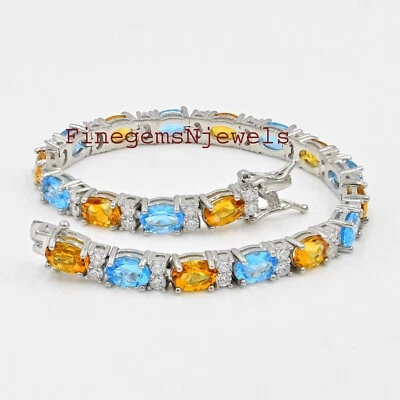 Topacio azul citrino natural y piedras preciosas de circonita cúbica con pulsera de plata de ley 925 #60 Foto 1 de 4