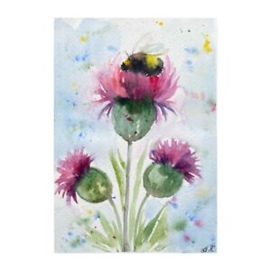 original Watercolor Art Bumblebee painting Scottish Thistle Painting floral Art