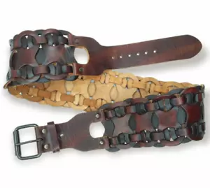 Brown Leather Belt Size Medium 3in Wide Interlocking Chain Steampunk Ren Fair - Picture 1 of 8