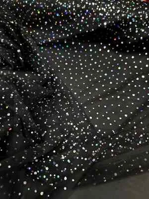 Black Mesh Fabric Glued Iridescent Sequin Dots Fabric Sold By The Yard Prom Dres - Image 1 of 4