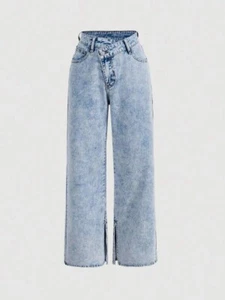Slanted Fly Waist Split Hem Wide Leg Jeans - Picture 1 of 4