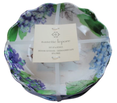 Nanette Lepore Hydrangea Floral Butterfly Melamine Soup Bowl Set of 4 Blue NWT - Imagem 1 de 4