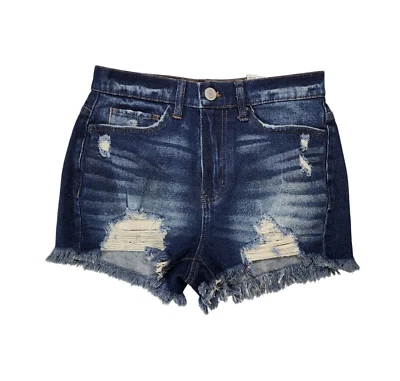 Pantalones Cortos de Jean SO Denim Talla 5/27W Tiro Alto Curvilíneo Mamá Corto Envejecido Dobladillo Crudo Foto 1 de 4