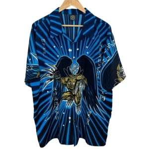 R2 Randy River Y2K Graphic Shirt XL Demon Angel Anime Vibe Button Up Blue NWOT - Bild 1 von 9