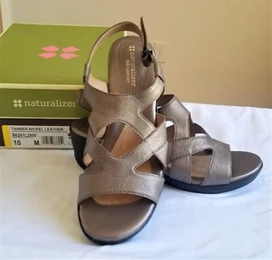 NATURALIZER Tanner Nickel Metallic Leather Wedge Heel Sandals Open Toe Size 10M  - Picture 1 of 8