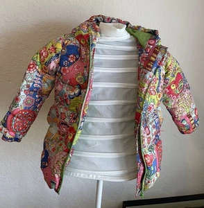 Oilily Vintage Pink & Green Puffer Hooded Down Coat Pockets & Zipper 4Y - Picture 1 of 17