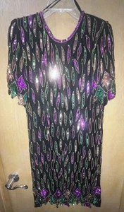 Interlude California 100% Seide Multicolor Sequence All Over Kleid Gr. XL - Bild 1 von 9