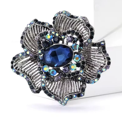 Broche prendedor vintage con flores de estrás azul brillante - regalo de joyería de plata naturaleza Foto 1 de 4
