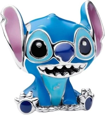 Charm/perla punto blu con orecchie smaltate rosa in argento sterling massiccio