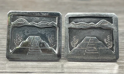 Vintage Modernist Signed JS Sterling 925 Mexico Mayan Chichen Itza Cufflinks 17g - Image 1 of 4