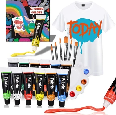 Fabric Paint Set – 12 Permanent Acrylic Colors with 6 Brushes & Palette – Non... - Image 1 of 4