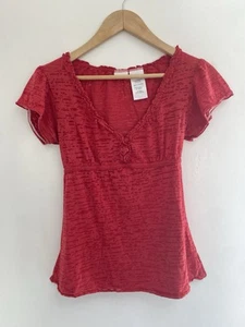 No Boundaries Women's Juniors Solid Red Sheer Ruffle Cotton Short Sleeve Shirt M - Picture 1 of 6