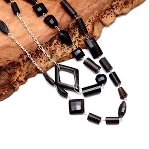 Natural Smoky Quartz 925 Sterling Silver Mix Shape Long Chain Fashion Necklace - Picture 1 of 6