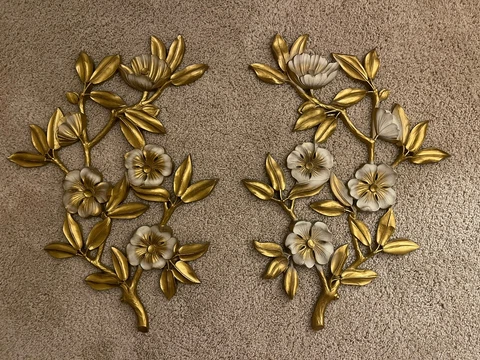 Vintage Syroco Flower Wall Hanging Pair Décor Gold Tone Retro 20" Cover