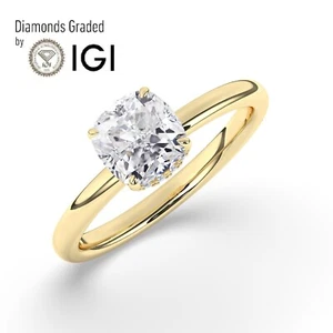 Cushion Solitaire Hidden Halo 14K Yellow Gold Engagement Ring,3 ct,Lab-grown IGI - Picture 1 of 23