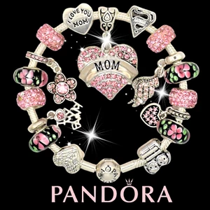 AUTHENTIC PANDORA SILVER BRACELET MOM LOVE FAMILY HEART & PINK EUROPEAN CHARMS! - Picture 1 of 6